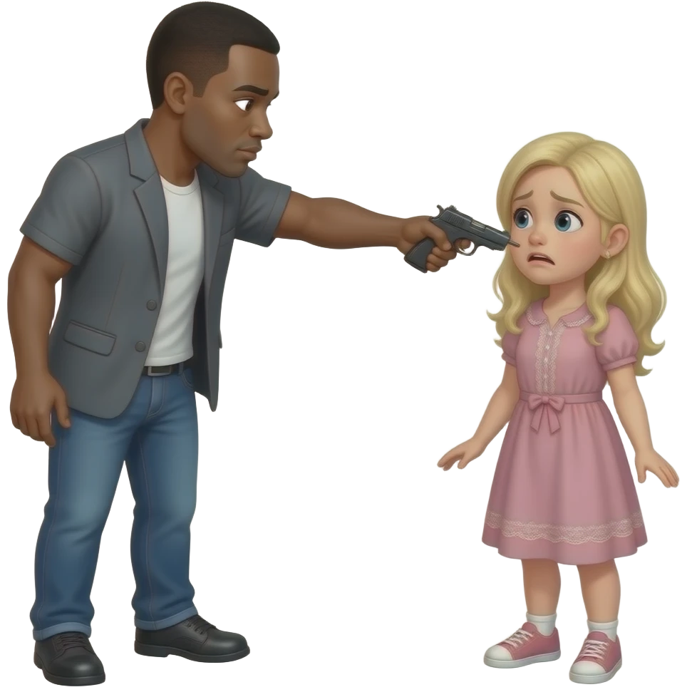 Black man pointing a gun into the mouth of a small scared white girl emoji