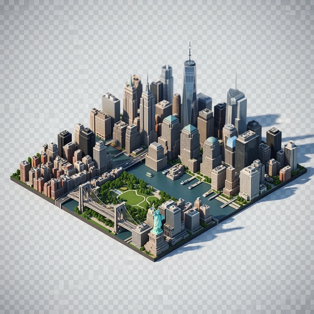 Isometric miniature of New York Сity Empire State Building, One World Trade Center, Statue of Liberty, Brooklyn Bridge, and Central Park 3D miniature effect and Tilt Shift effect, no cartoonish look, transparent background. emoji