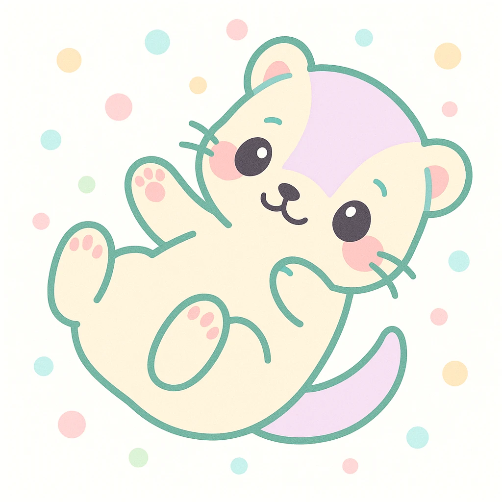 kawaii cartoon baby ferret, rolling on its back, playful, blushing cheeks, pastel palette, simple background emoji