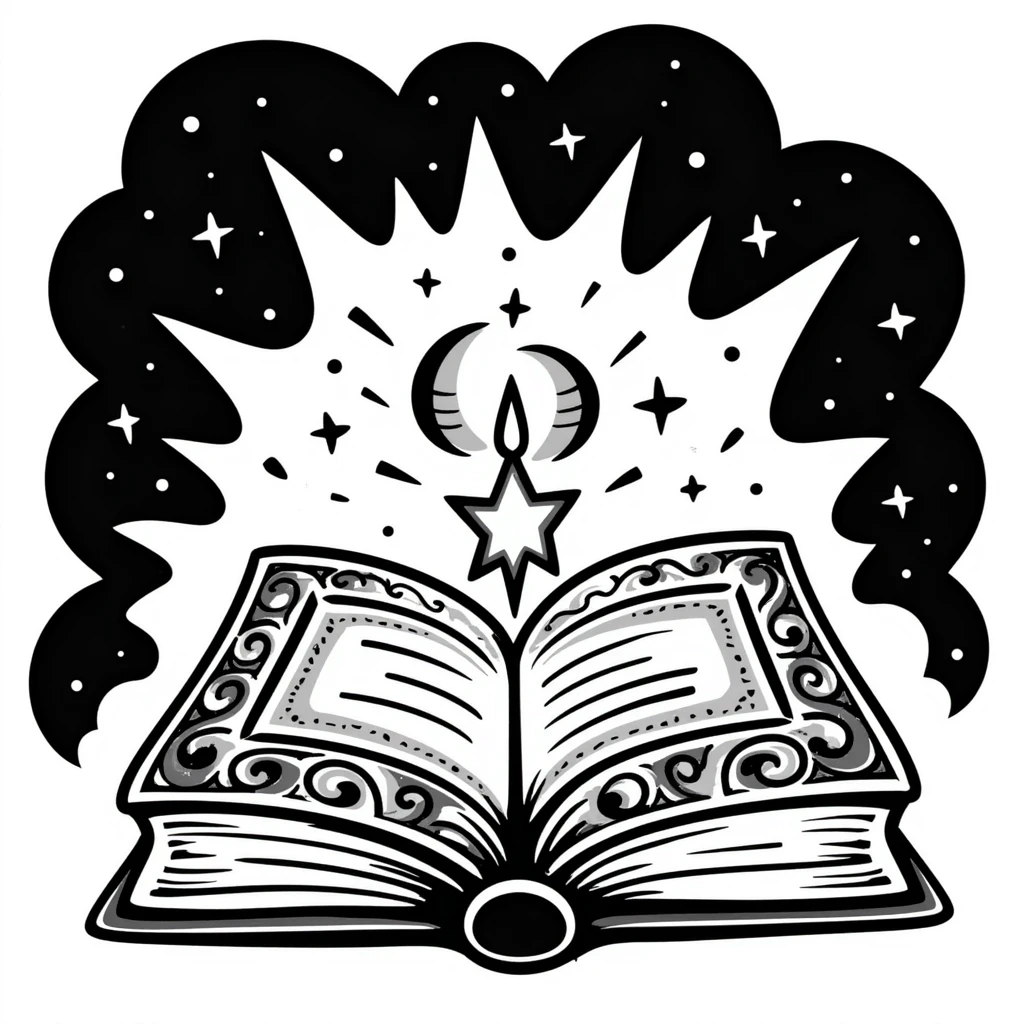 Магическая закрытая книга  — декоративная обложка с таинственными символами, лунами, звёздами и алхимическими знаками. Обложка украшена винтажными завитками,  таинственным сиянием. Книга выглядит древней, излучает мистический свет, лежит на фоне магических узоров и рунических орнаментов. emoji
