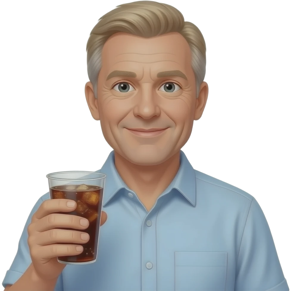 KEEP THIS MAN- MAKE HIM IN HIS 50S- GIVE HIM A COLLARED SHIRT AND BLOND SALT AND PEPPER HAIRSHOW ME A WHITE MAN --WITH A ROUND FACE-- HOLDING A CUP OF SODA emoji
