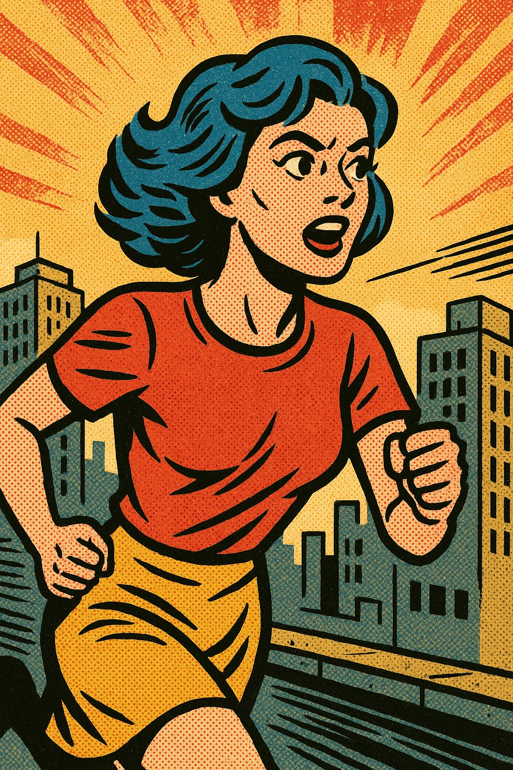 Woman with blue hair running in a city emoji