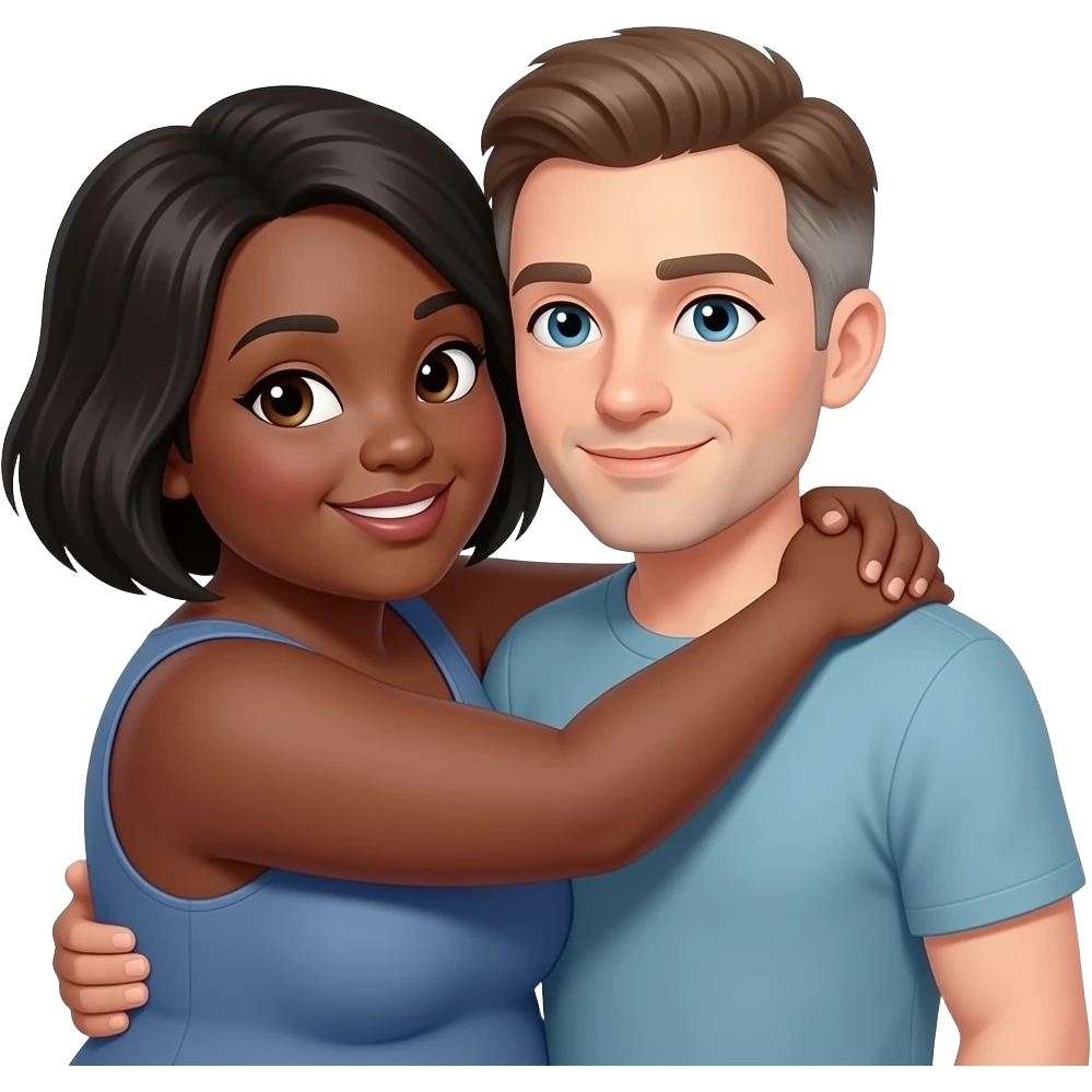 Plus sized Black woman with short dark hair and a little gray, hugging around the neck  white man medium build with medium color hair with some grey hair emoji