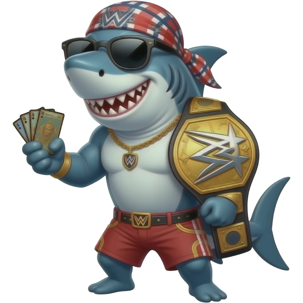 A shark with sunglasses and a durag holding a hand of Magic: The Gathering cards, and a wrestling championship belt over his shoulder emoji