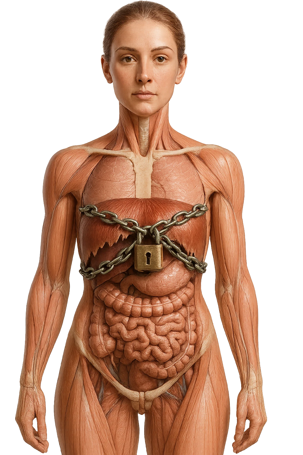 corpo umano anatomico di una donna con diaframma in evidenza, diaframma chiuso da catena e lucchetto, iperrealistica 4k emoji