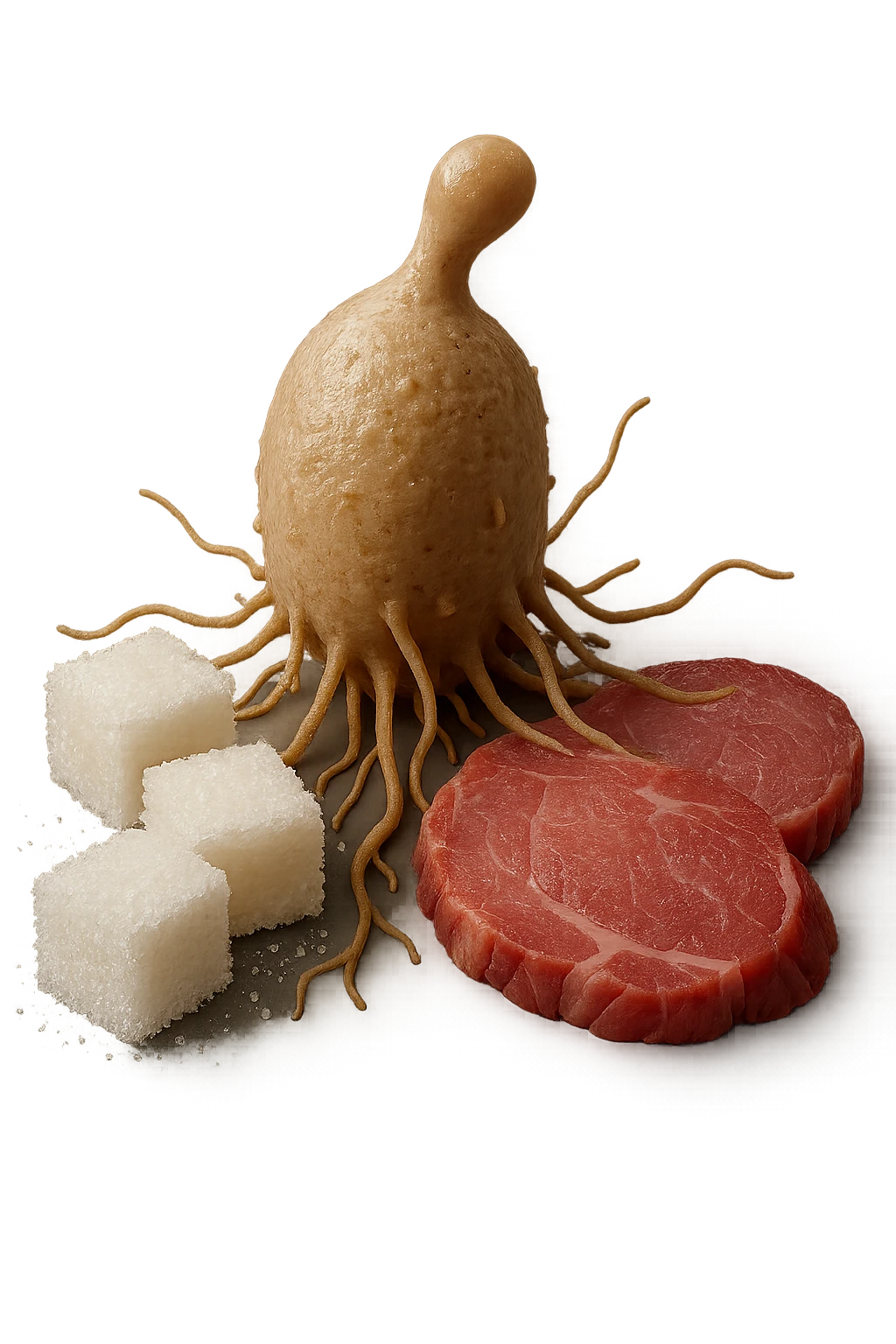 un batterio della candida si nutre di zollette di zuccheri e fettine di carne, IPERREALISTICO 4K emoji