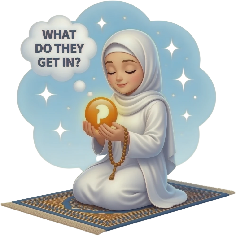 An ethereal Muslim woman, prayed position, closed eyes, wearing a soft white satin hijab, prayer rug and tasbih, gently cupping a luminous Patreon icon (the round 'P' icon) made of liquid light. Text bubble from mind: 'WHAT DO THEY GET IN?'. Isolated on white, magical stardust, 3D icon style emoji