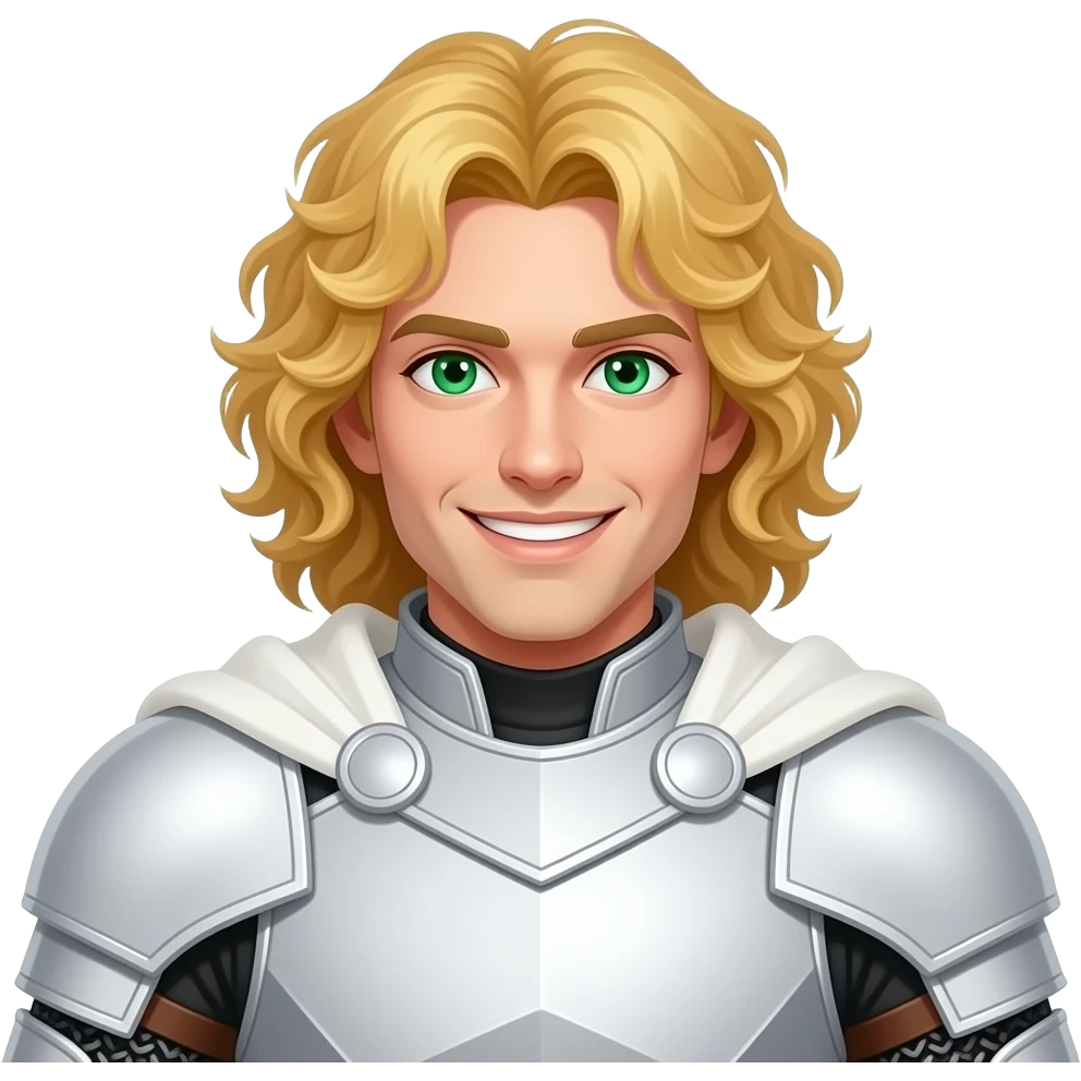 A white man with long curly yellow hair put in a middle part. He is wearing white armour with a white cape. He is clean shaven and has a smile that cuts like a knife. He also has emerald green eyes. He has a sharp jawline. He is in his early thirites. emoji