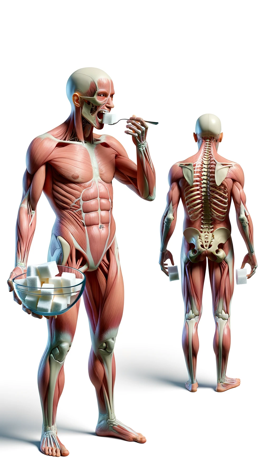 corpo umano anatomico in piedi a figura intera che mangia zollette di zucchero, posa frontale, iperrealistico 4k, isolato su sfondo bianco emoji