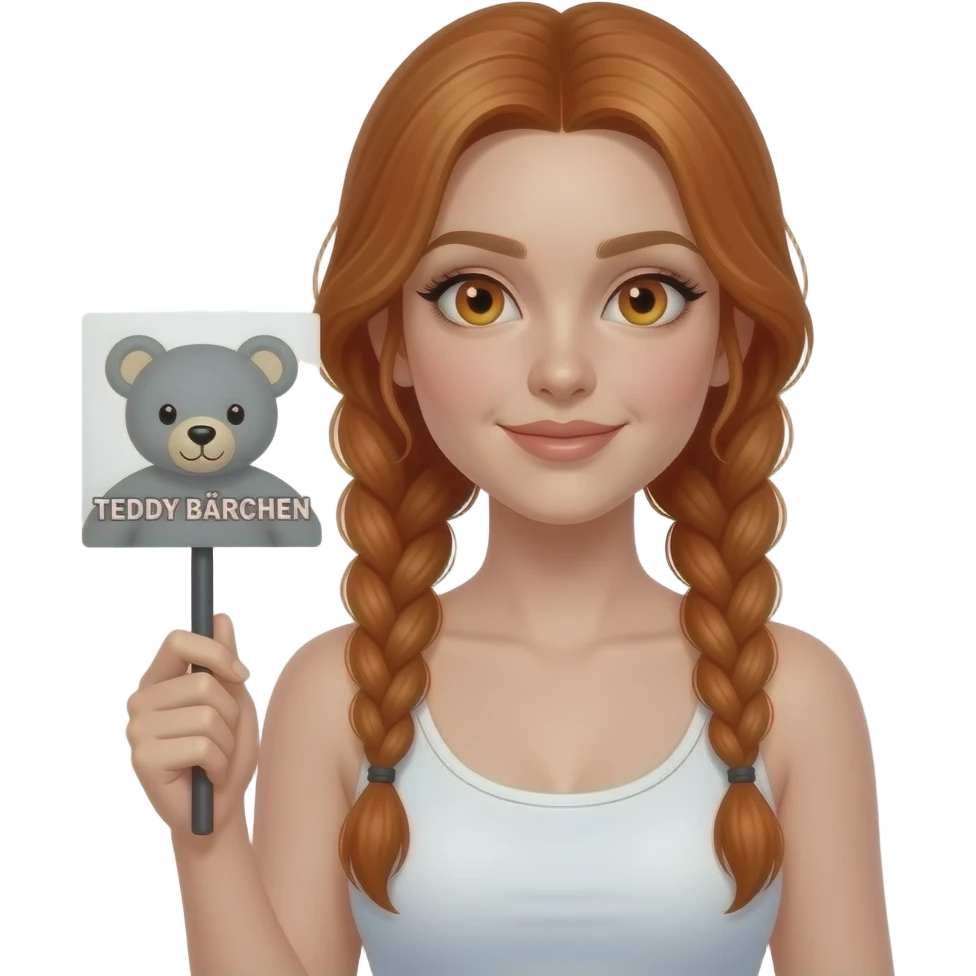 sexy girl with long ginger braids and ginger eyes wearing a white tanktop is holding a black sign with TEDDY BÄRCHEN written on it emoji