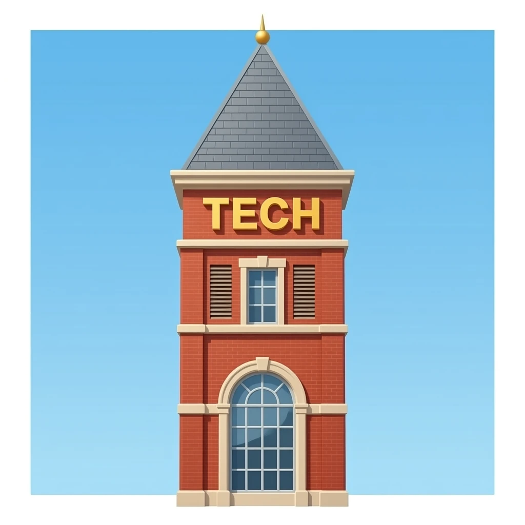 Georgia Tech Tower. Tall, narrow red-brick tower with a large arched window at the bottom, a smaller rectangular window above, and the word “TECH” in bold gold letters near the top. Add a steep gray pointed roof with a small gold tip. No horizon emoji