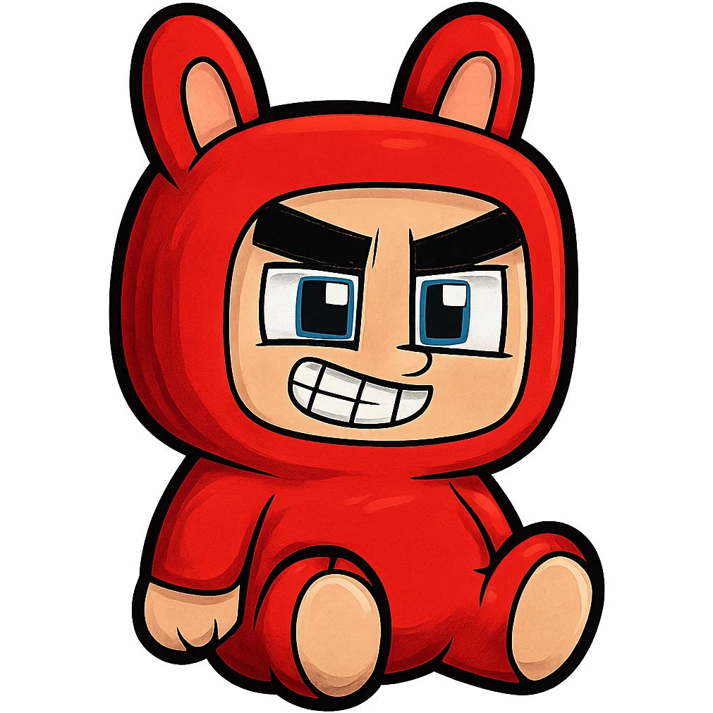Extract and isolate the small character in the red bunny suit from the image, placing them on a transparent background, keeping the original Minecraft cartoon style and appearance. emoji