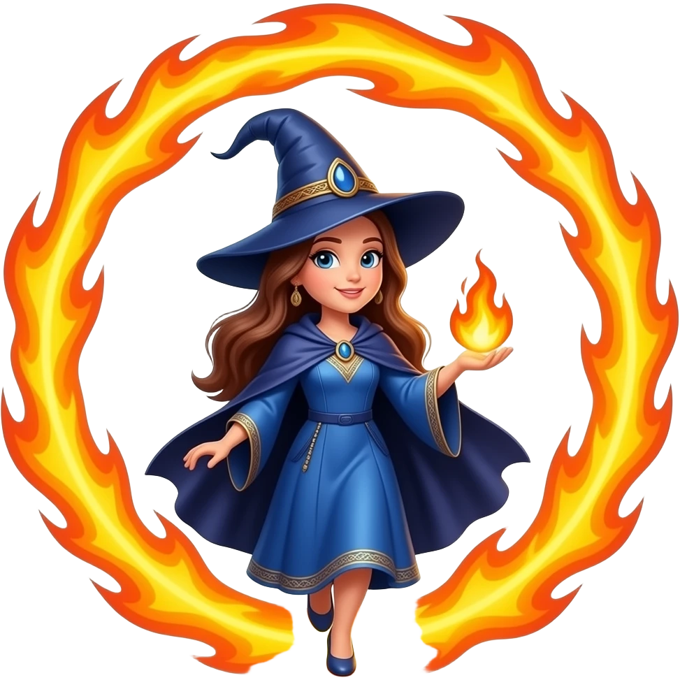 A sorceress in a blue dress carries a small flaming globe in her hand and passes through a huge flaming ring. emoji