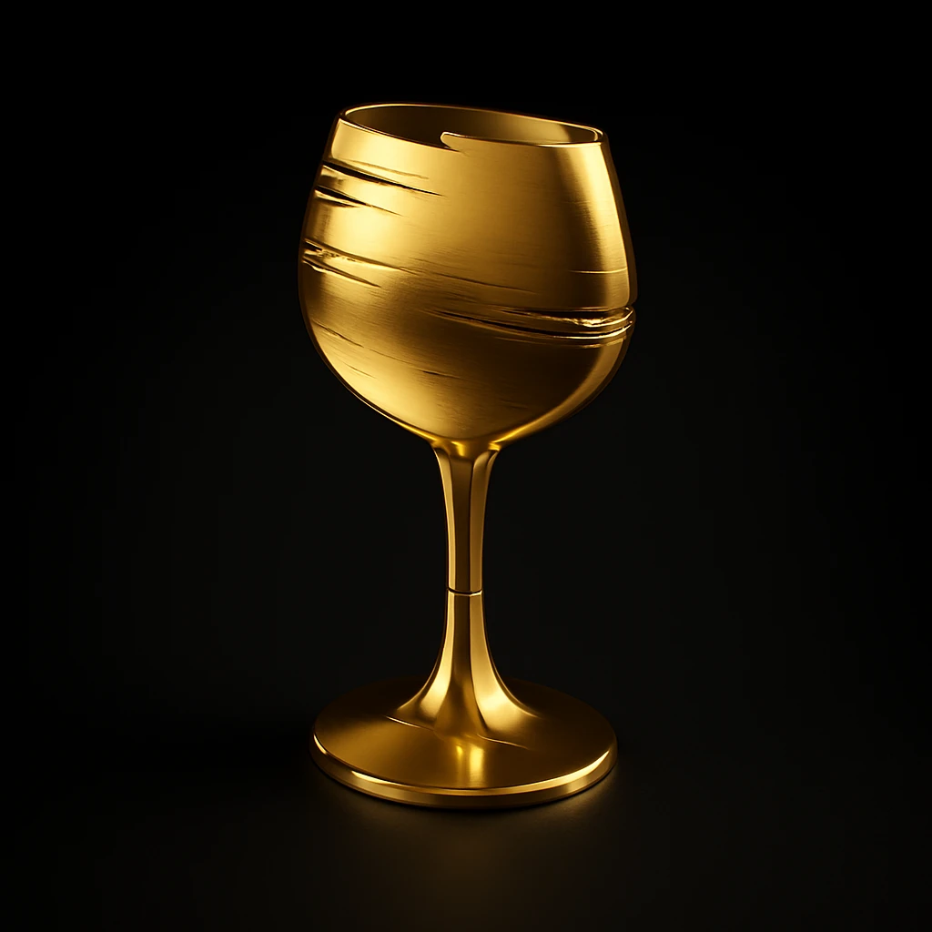 Create a simple and luxurious icon style of a wine glass silhouette in gold color on a black background, inspired by the third reference wine glass. emoji