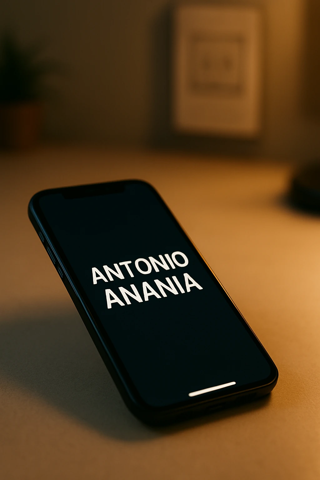 A photo of an iPhone with the message "Antonio Anania" on its screen, The phone sits atop a desk with a blurred background that suggests work environment. A faint glow from above casts gentle shadows across the surface of each object, creating depth and highlighting their textures emoji