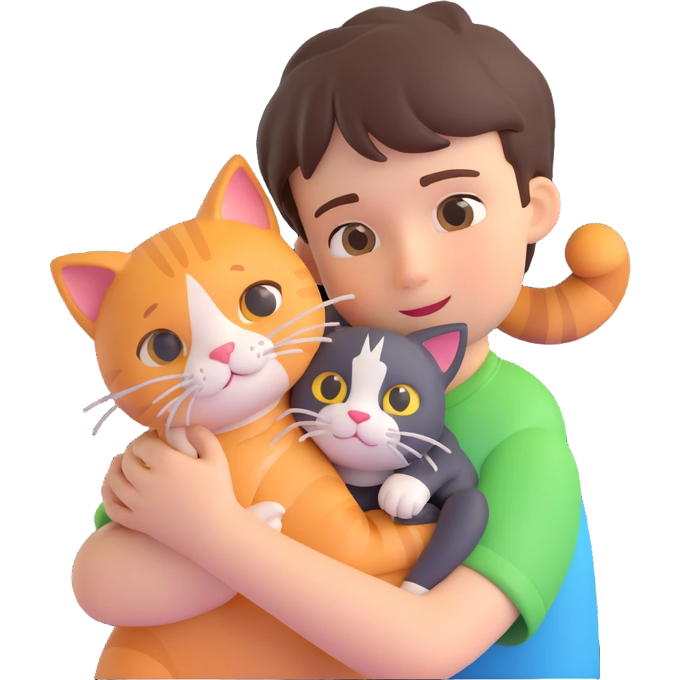 boy and cat pet in forrest background, close up pose emoji
