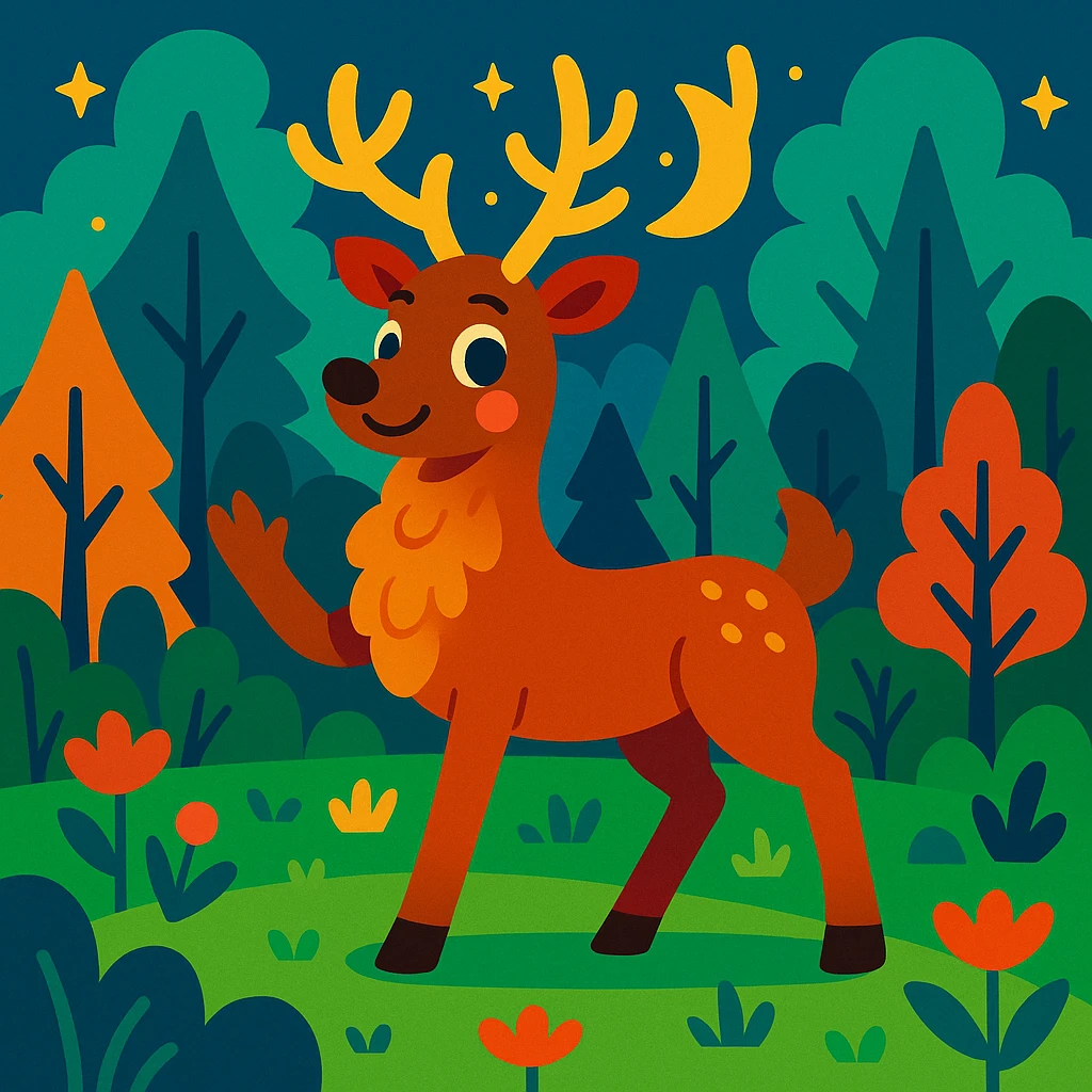 a reindeer-taur, whimsical style, antlers and hooves, magical forest background emoji