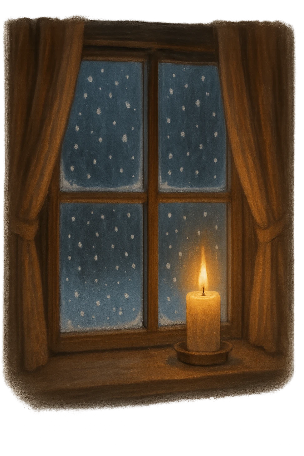 cozy window with snow falling outside, candle on the sill, tranquil emoji