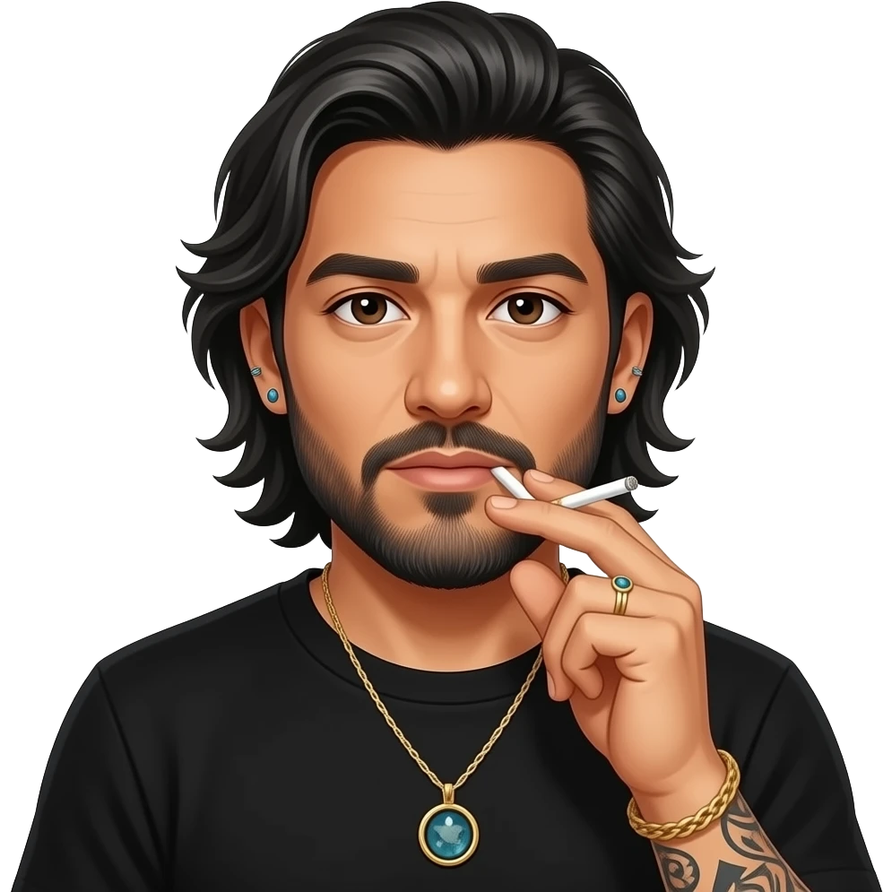 The handsome manly Latino podcast host with medium length hair, a long slightly graying beard and tattoos with his ears pierced 1 time each ear and a nose ring on the right side, dark brown eyes, wearing black, and jewelry, doing cocaine emoji