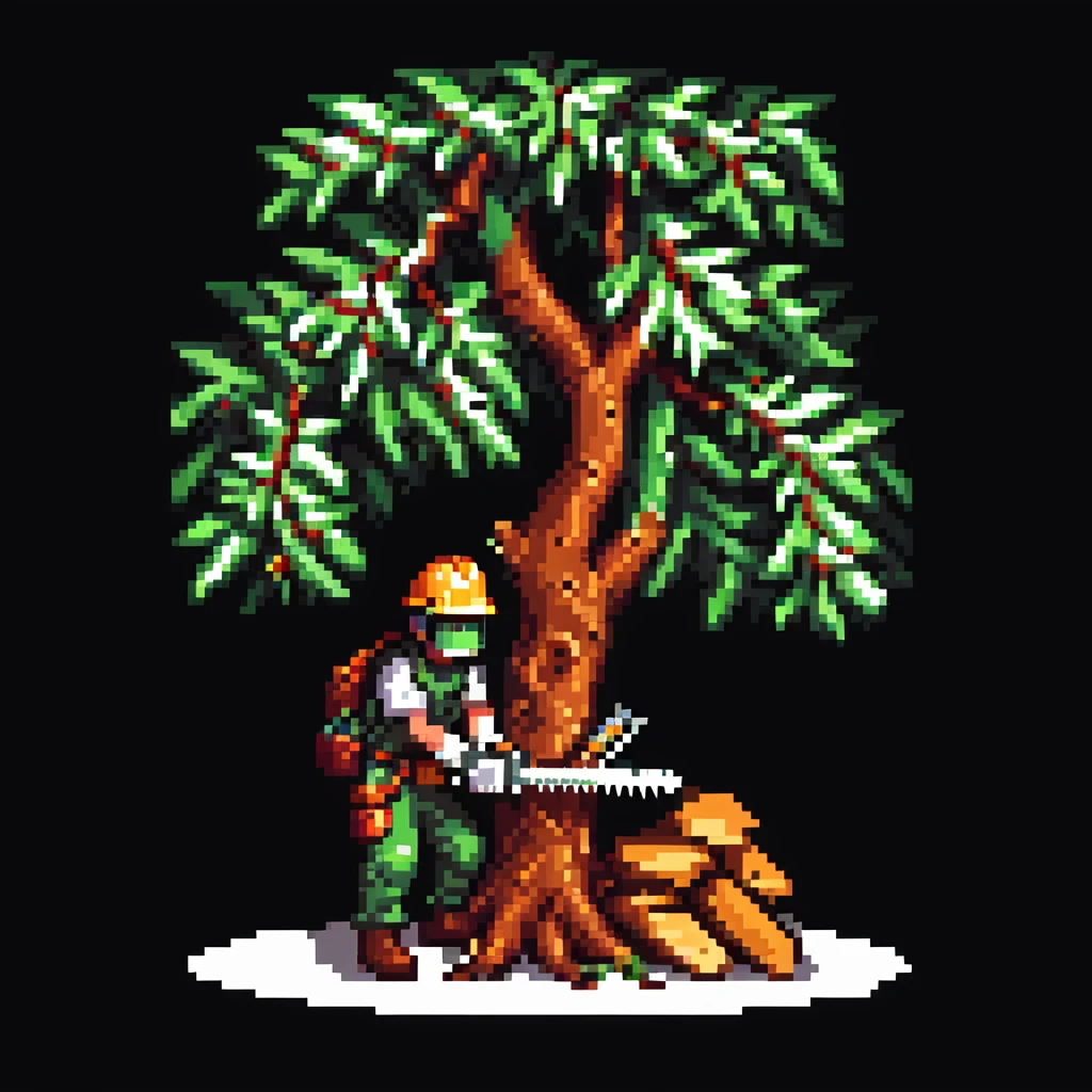 professional arborist cutting down a large tree with chainsaw, wearing safety helmet and protective gear. Scene includes detailed tree trunk, falling wood pieces, forest background, dynamic movement, and emphasis on expertise and safety in tree removal emoji