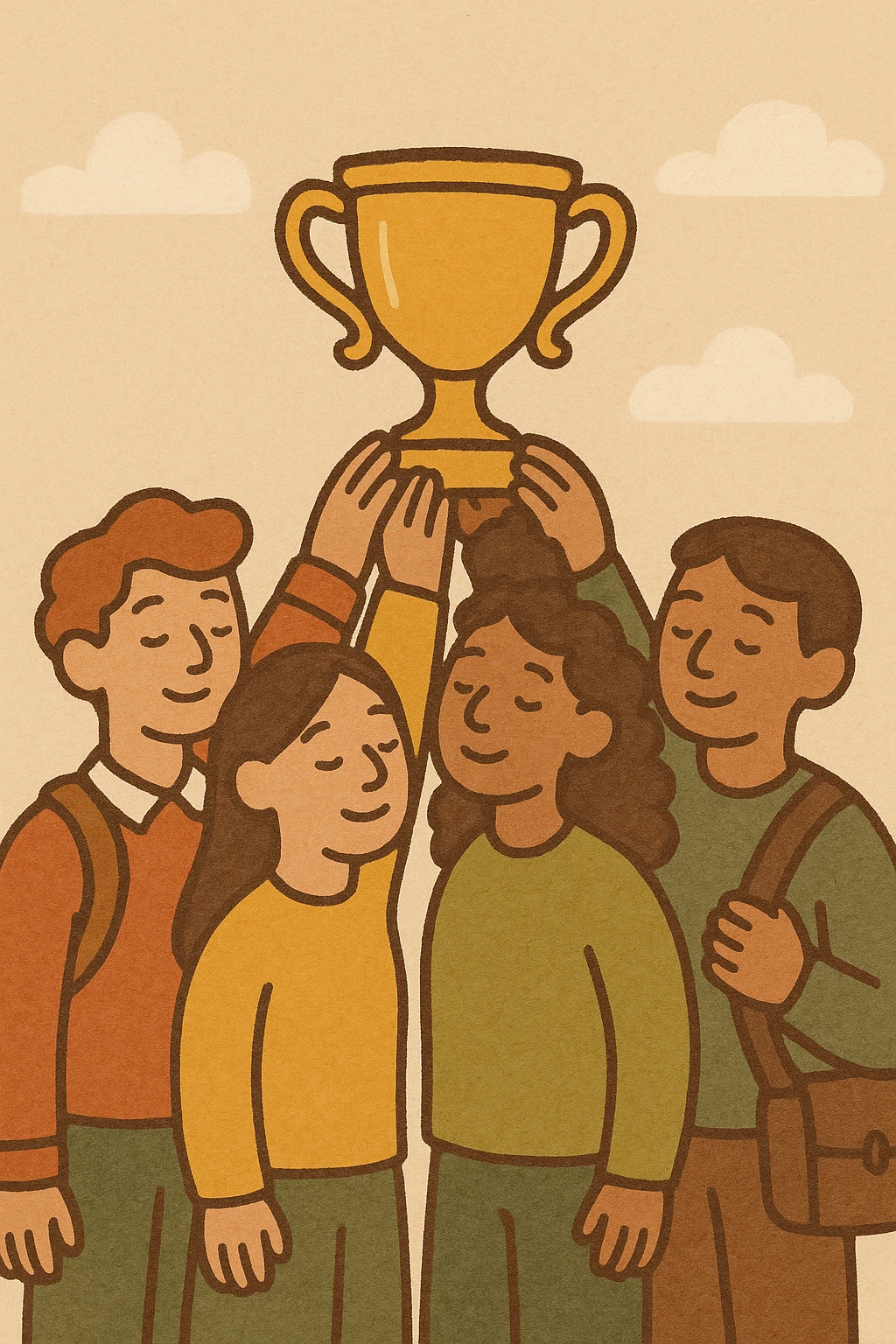 four students in a warm atmosphere lifting a trophy, flat design style, warm color palette emoji