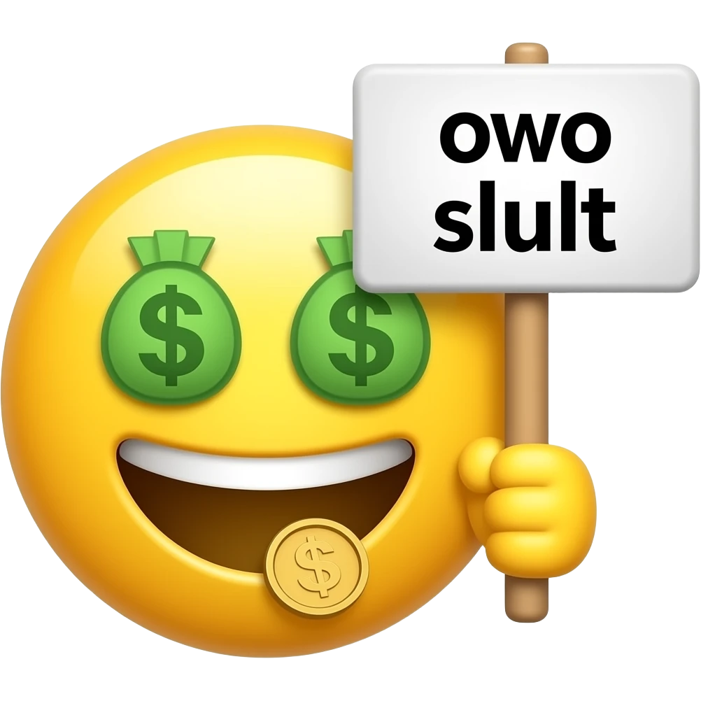 Yellow smiley with cash eyes & coins in mouthholding up a sign sign that says "owo slut" emoji