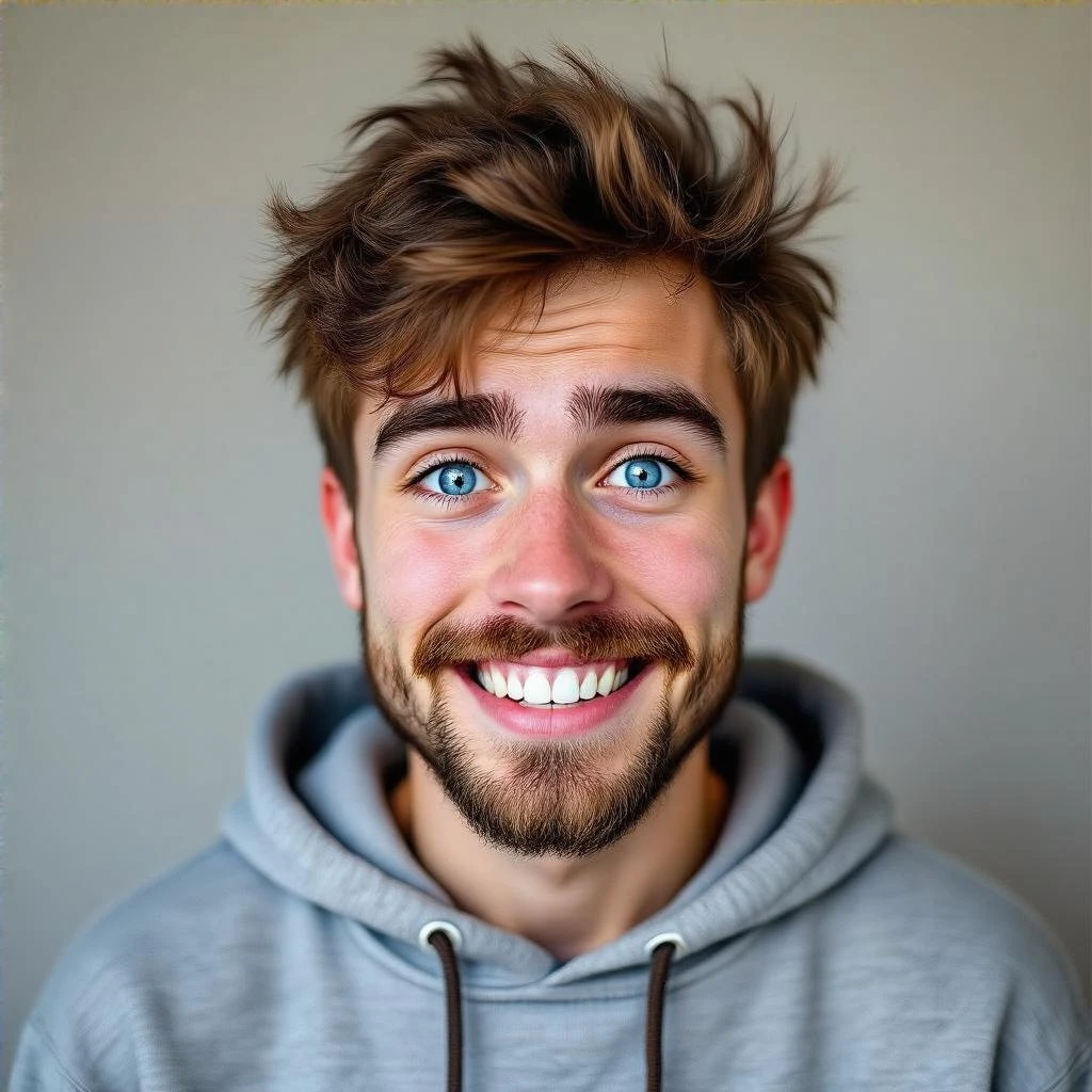 20 year old man, short scruffy beard and thin moustache, brown puffy mullet, blue eyes, big smile, white teeth, big lips, pronounced jaw, hair longer in back, sticking up on top, thin face, grey hooded sweatshirt, blue eyes emoji