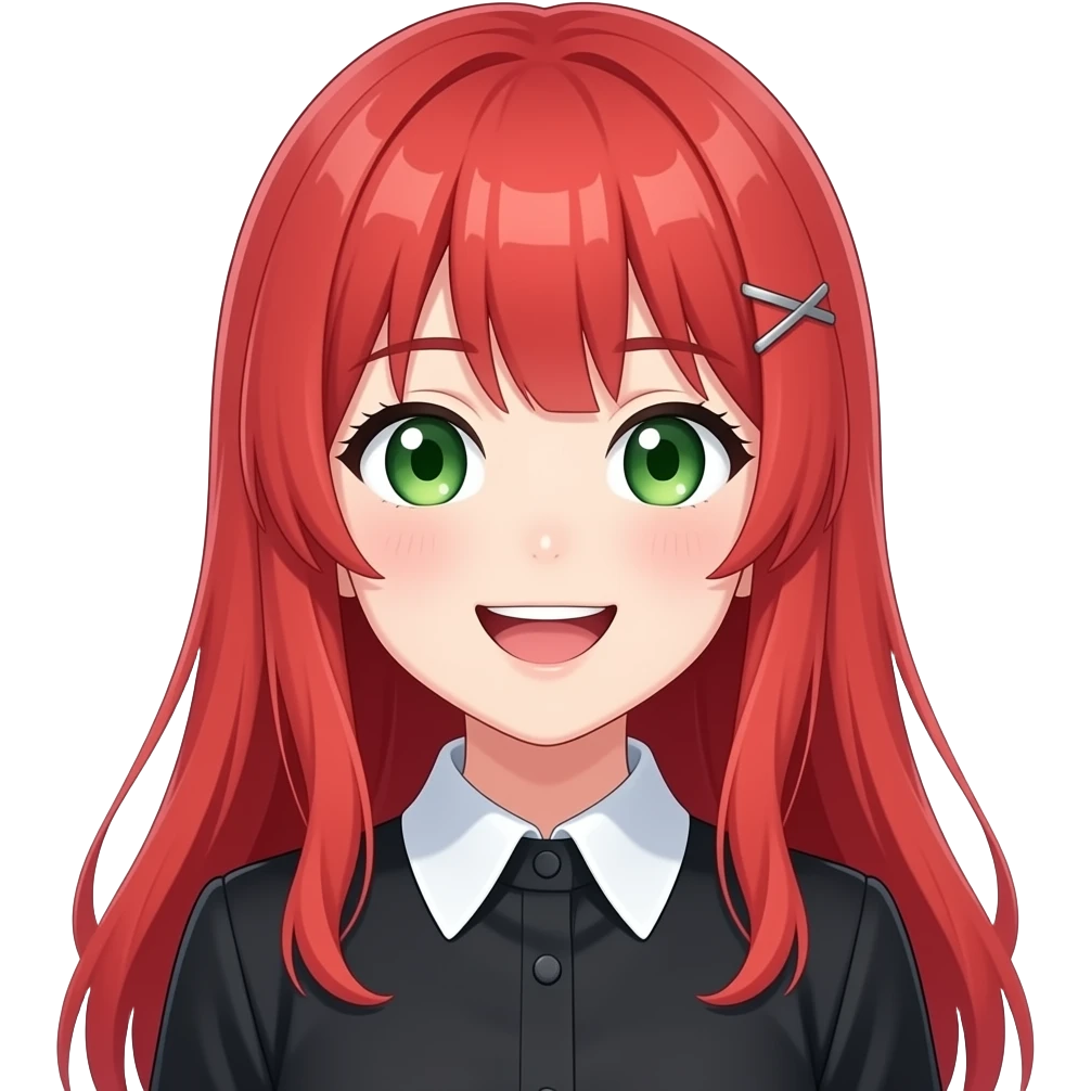 anime girl grinning long red hair green eyes black blouse with white collar emoji