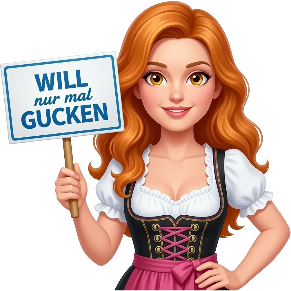 sexy girl with overlong ginger hair and ginger eyes wearing a dirndl holding WILL nur mal GUCKEN sign emoji