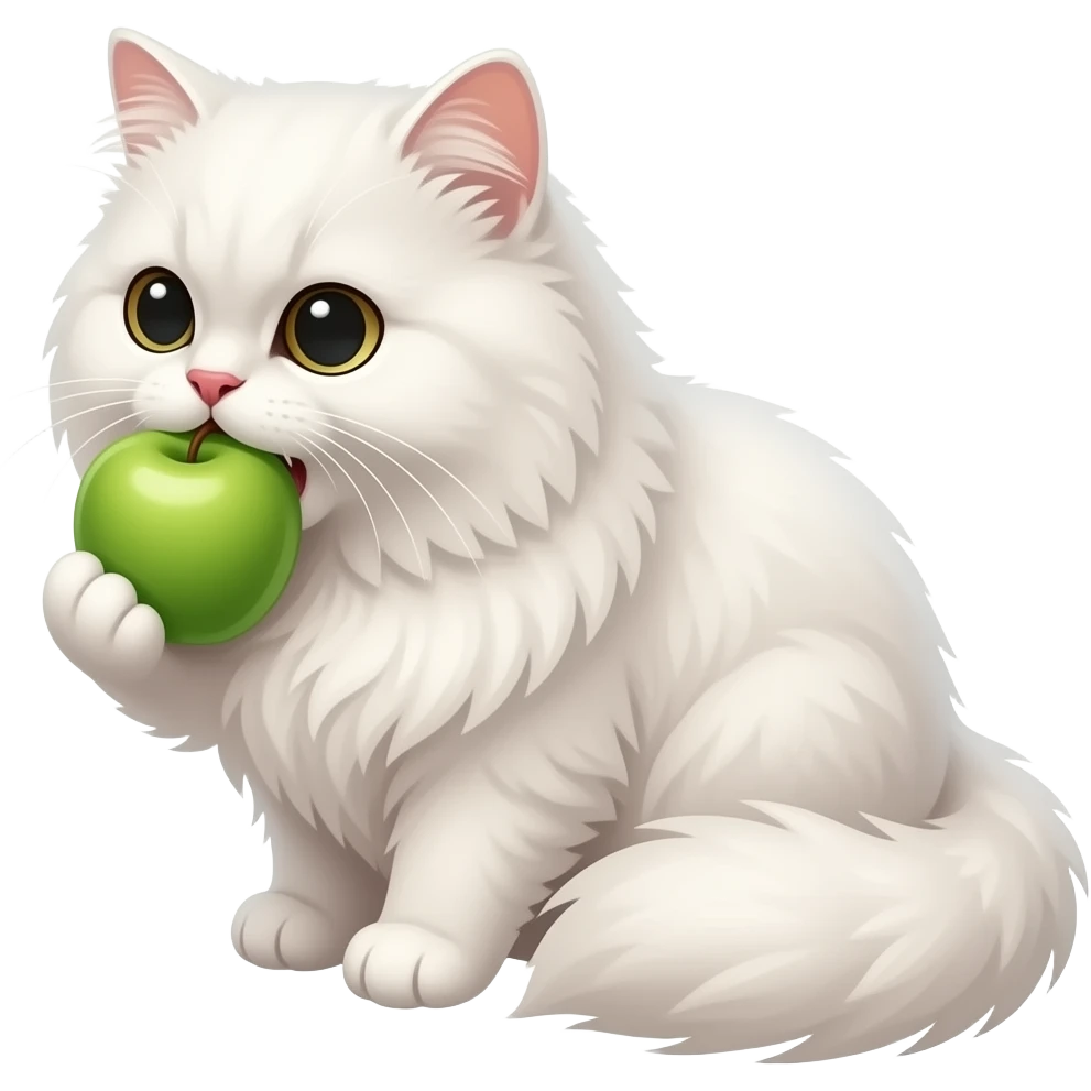 Make me a white fluffy Persian cat eating a green apple emoji