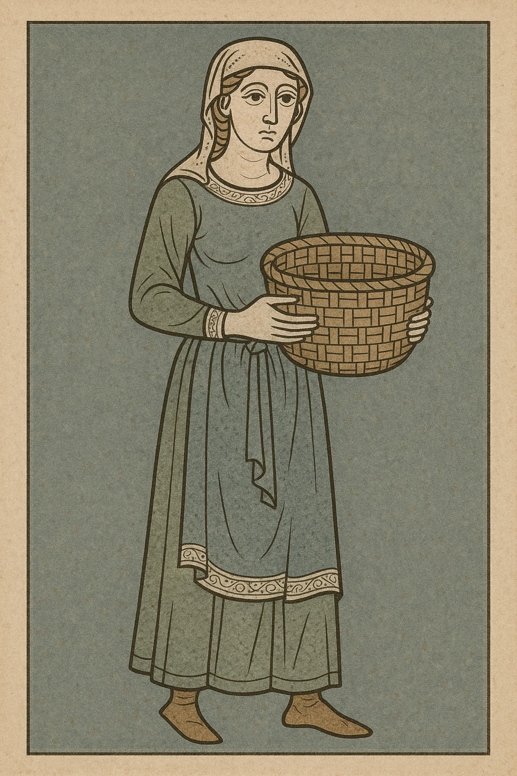 medieval peasant woman, carrying a basket, rustic look, historical style emoji