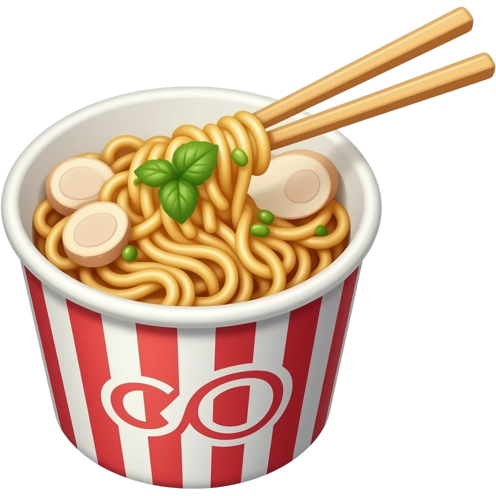 Spicy chicken Noodles in a cup with chopsticks and bolder emoji
