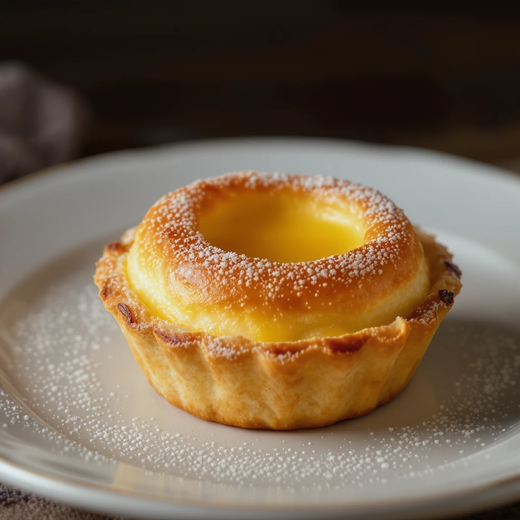 realistic illustration of a typical Portuguese pastry, pastel de nata, golden custard tart in a flaky crust, professional photography style emoji