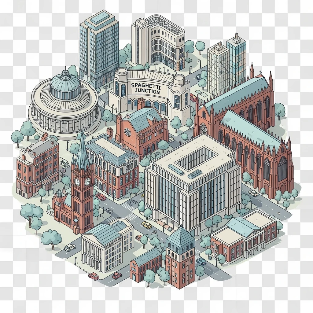 Isometric illustration of the Birmingham with iconic cities landmark, miniature slightly hand-drawn style, transparent background. emoji