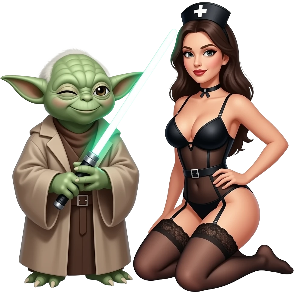 Yoda smiling with a wink, with a lady,visible nipples  wearing black see through lingerienurse ,topless, more cleavage  top of clothes more low cuta large light saberlarge breasts, garter belt, kneeling , mouth open emoji