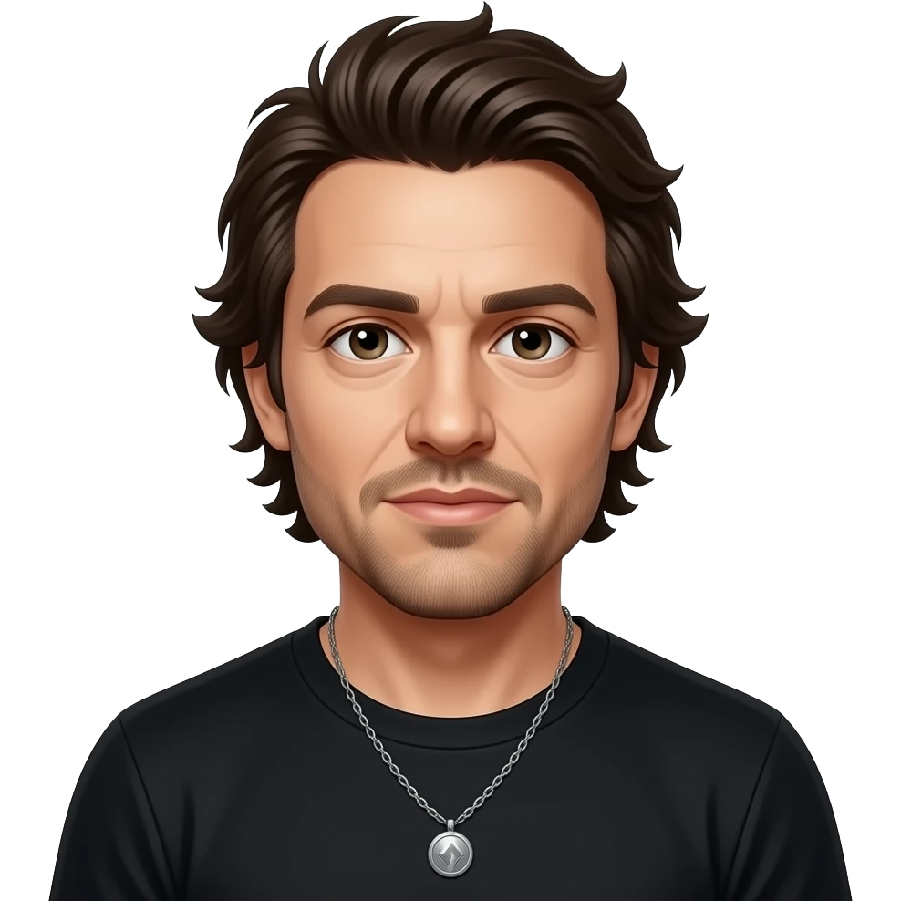 Rob Bourdon from Linkin Park with dark brown eyes, dark brown shag hair, black metallic t-shirt, necklace emoji