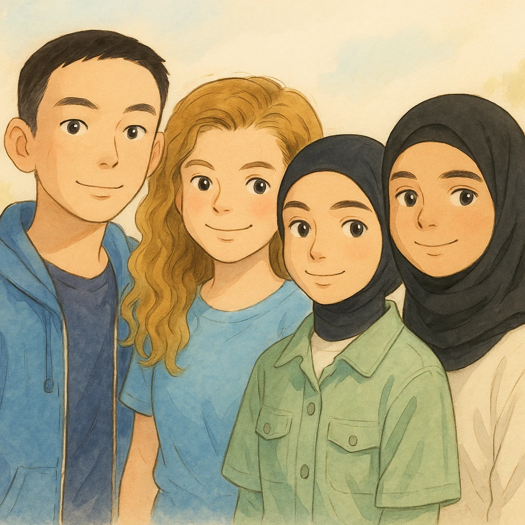 Scène de quatre étudiants inspirés des photos, posés de façon décontractée, ambiance positive, fond clair, style Ghibli, lumière naturelle. emoji