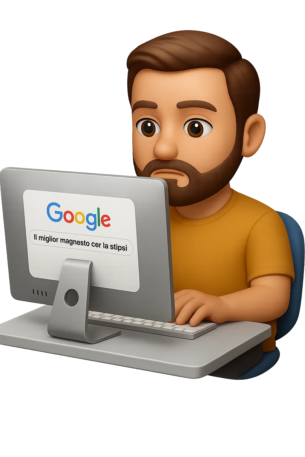 emoji stile iphone di un uomo davanti al pc che cerca di google: "Il miglior magnesio per la stipsi", iperrealistico 4k emoji