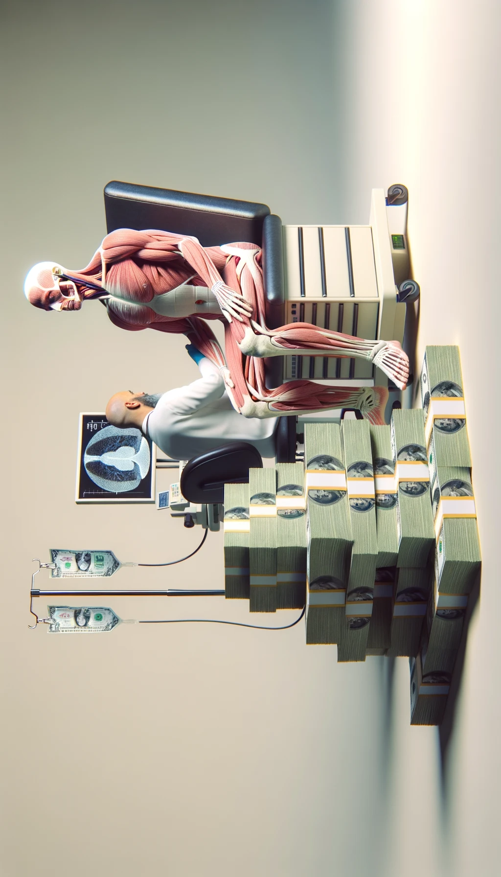 corpo umano anatomico seduto dal medico con una montagna di banconote ai piedi, con sfondo chiaro neutro, iperrealistico 4k emoji