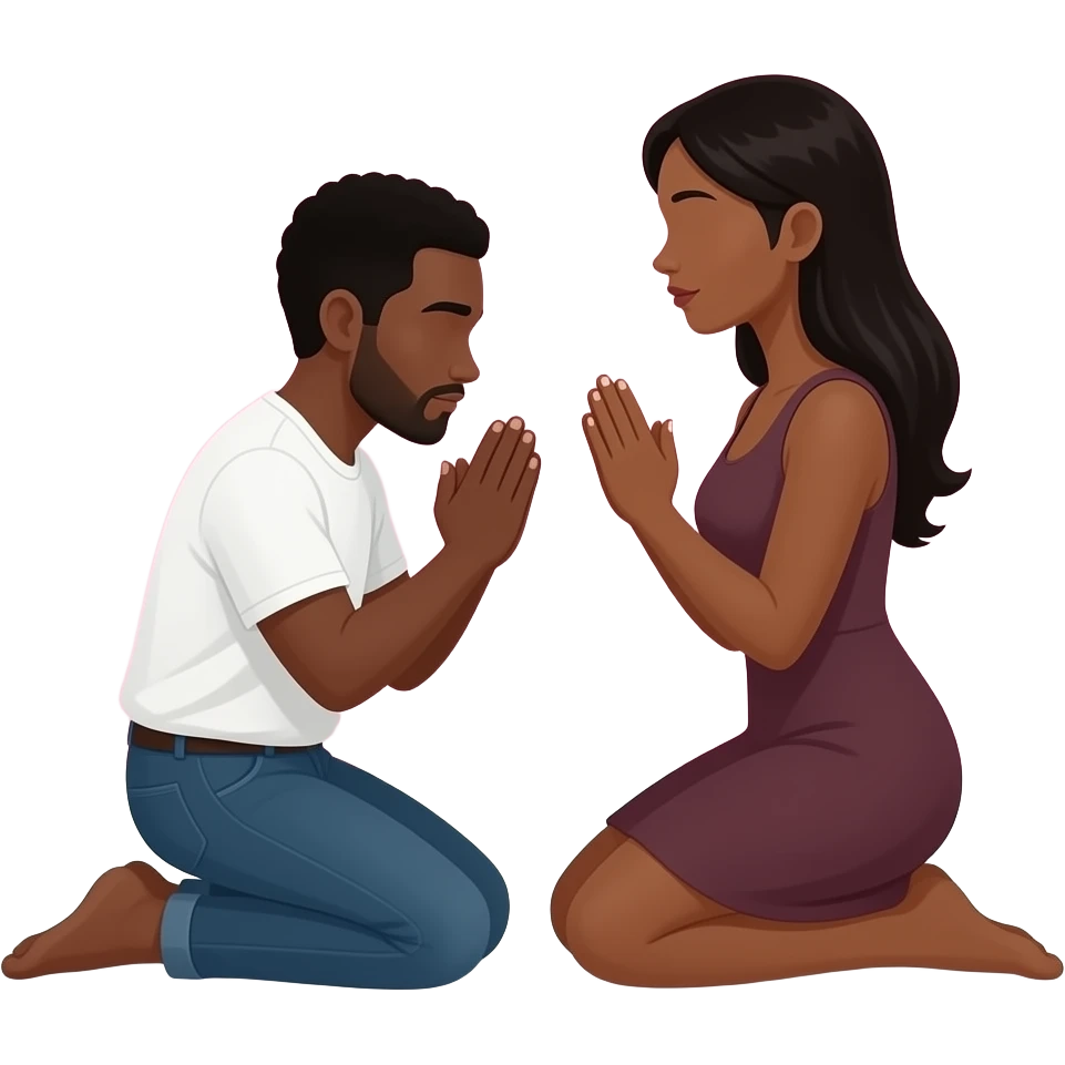 Man kneeling on both knees, begging in front of a woman in front of a pink background. The characters have no faces. They are completely dark black emoji