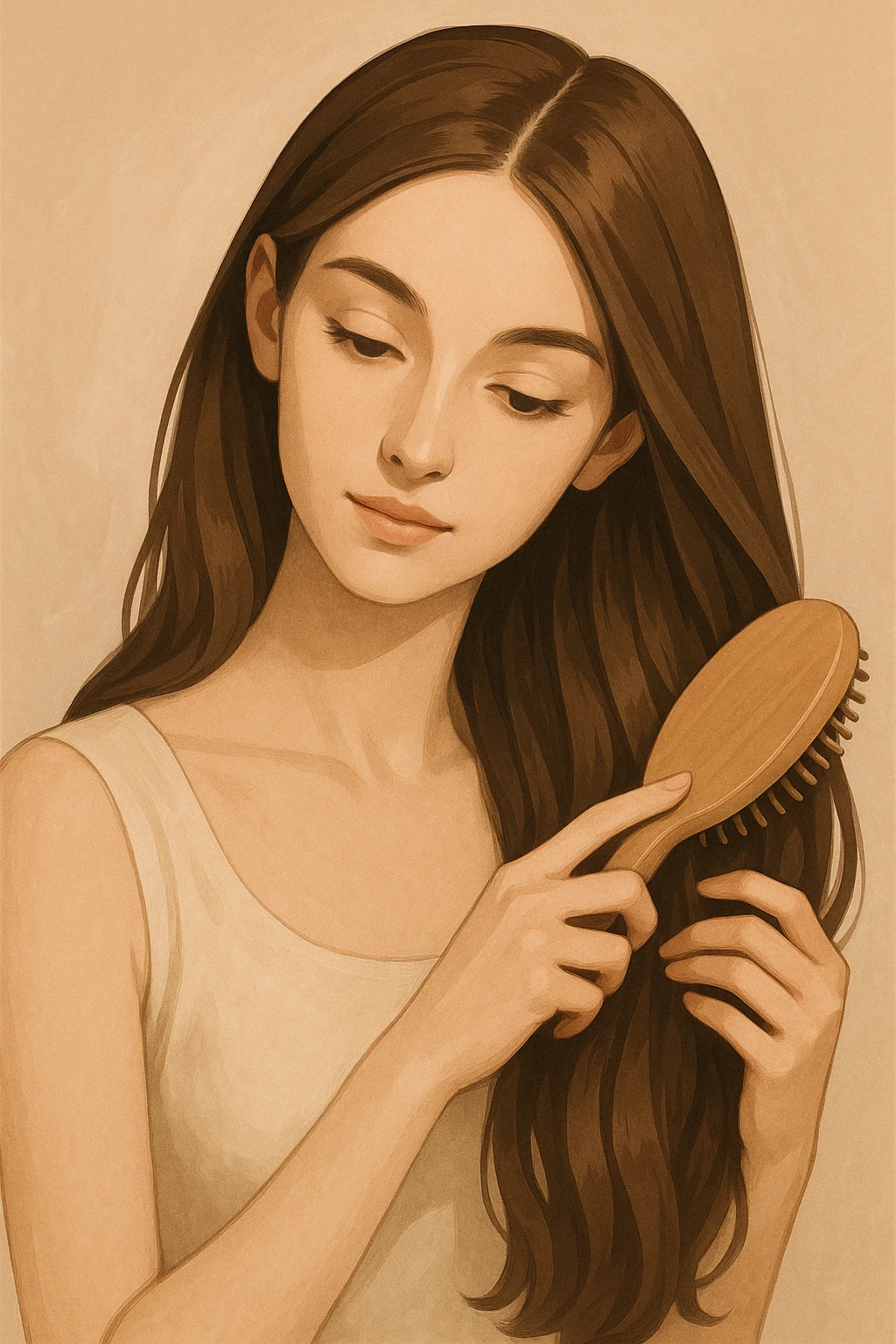 pretty girl gently brushing her long brown hair, soft lighting, delicate features, elegant and serene expression, modern illustration style emoji