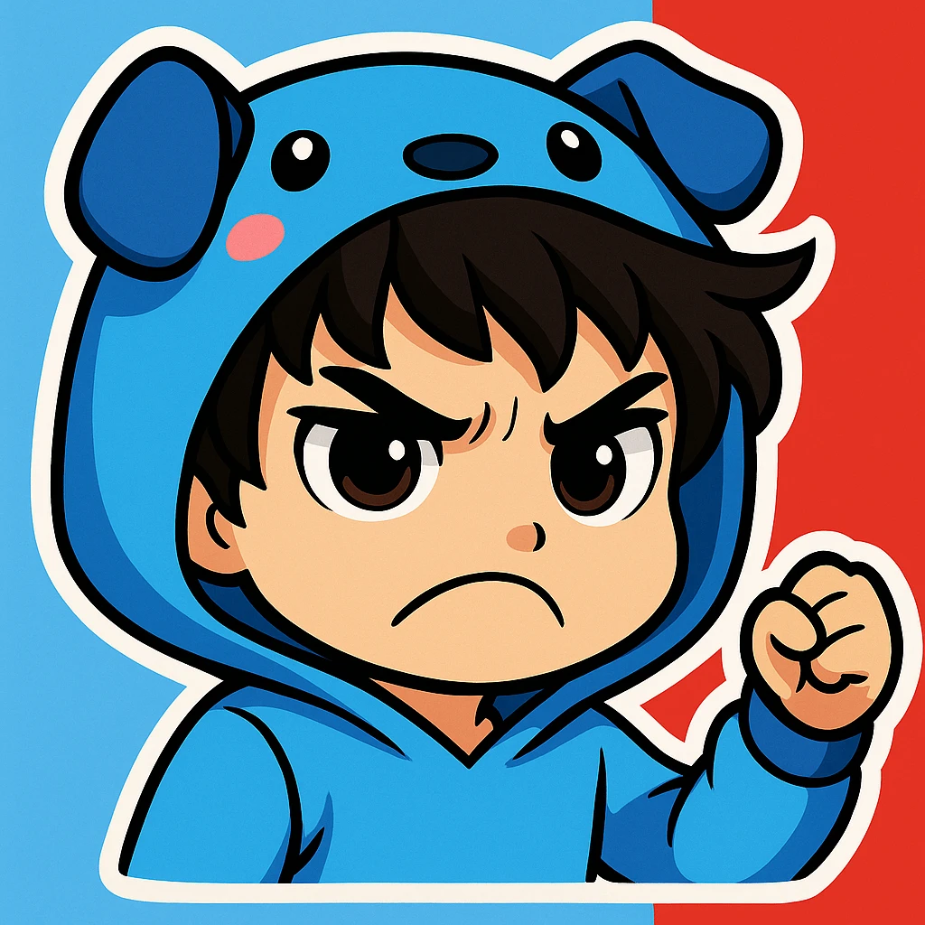Edit the boy's face to have an angry, frowning expression, keeping the original cartoon style and quality consistent with chibi stickers style. emoji