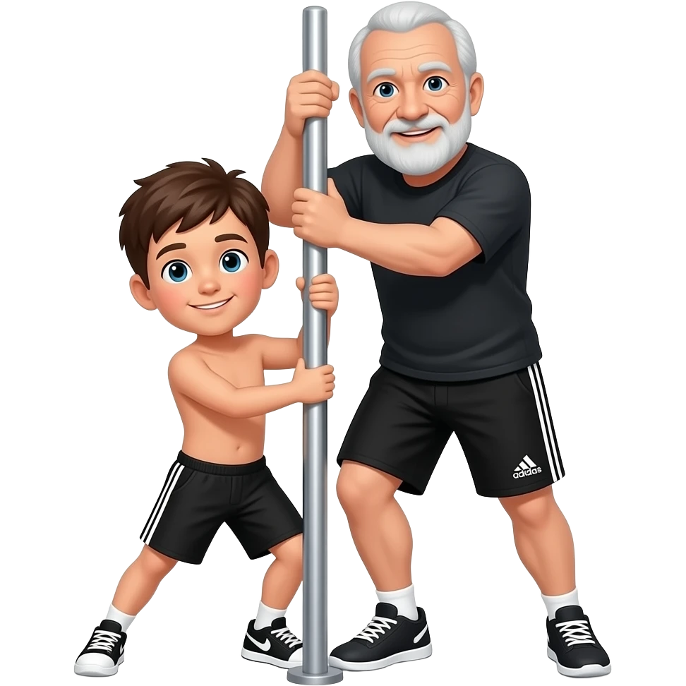 Niño y abuelo haciendo pole dance con un short negro adidas emoji