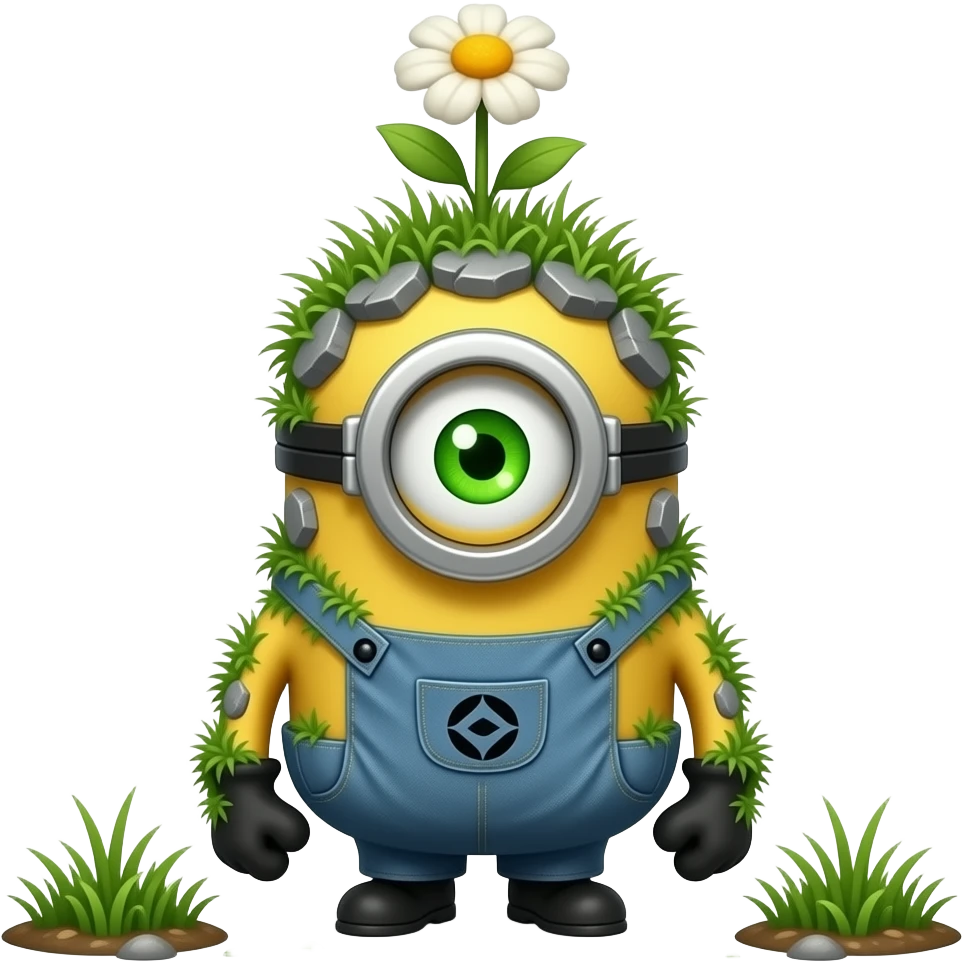 Weird mushroom creature minion with rocks growing on its back with one shingle green eye with a flower growing on it with grass on its whole body emoji