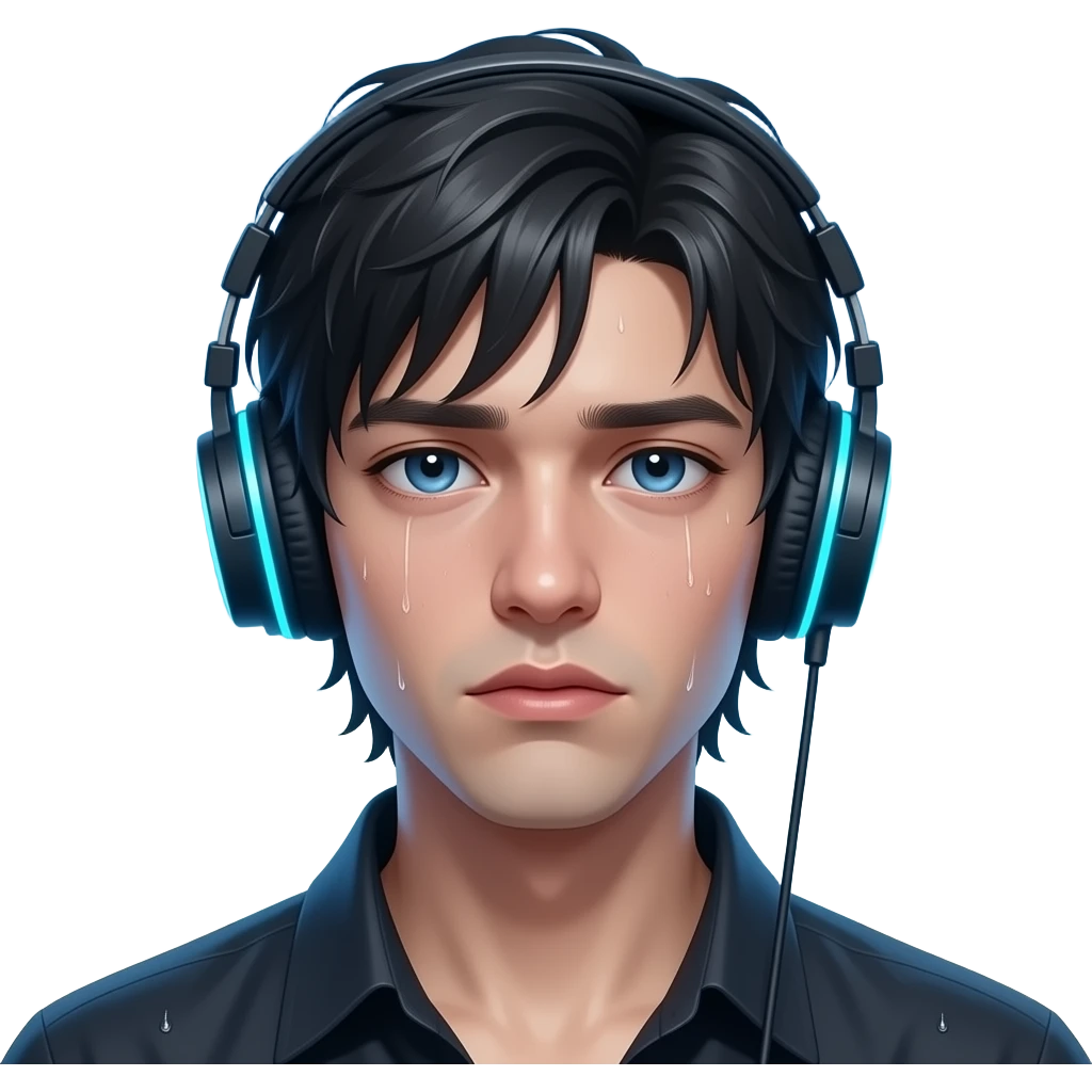 🎧 emoji, dreamy melancholic face, neon blue lighting, sky blue background, wet look hair, cinematic mood, high resolution emoji