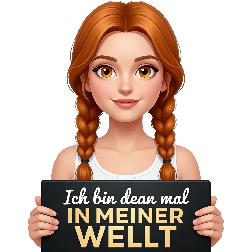 sexy girl with long ginger braids and ginger eyes wearing a white tanktop is holding a black sign with Ich bin dann mal IN MEINER WELT written on it emoji