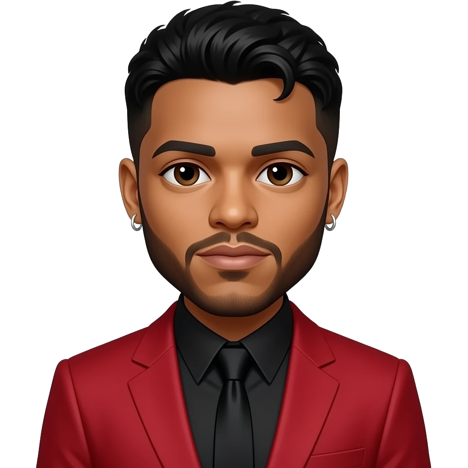 The Weeknd with dark brown eyes, black hair, black shirt and tie, red suit jacket, silver short earrings emoji
