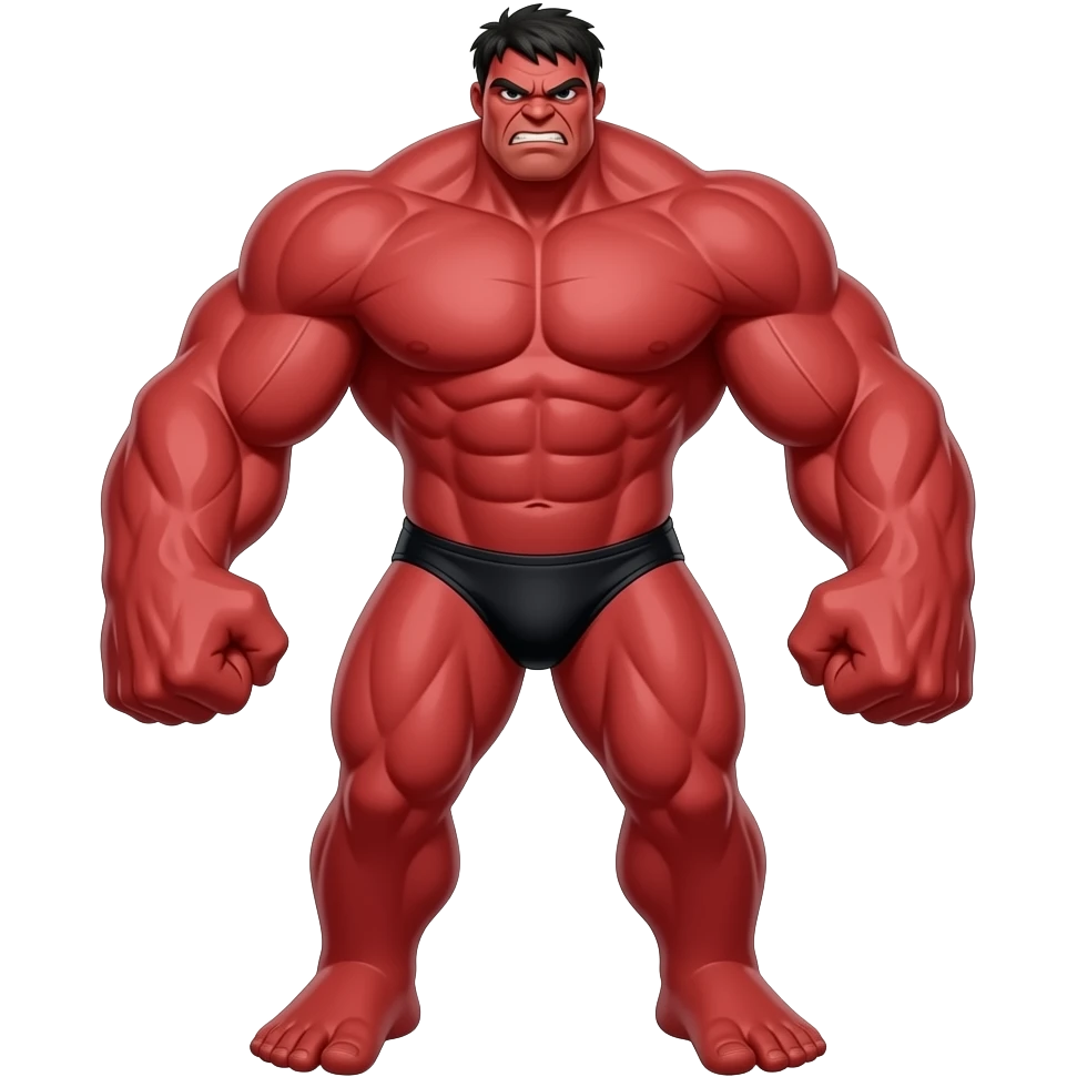 Massive very tall muscular red Hulk in black bikini full body image realistic punching emoji