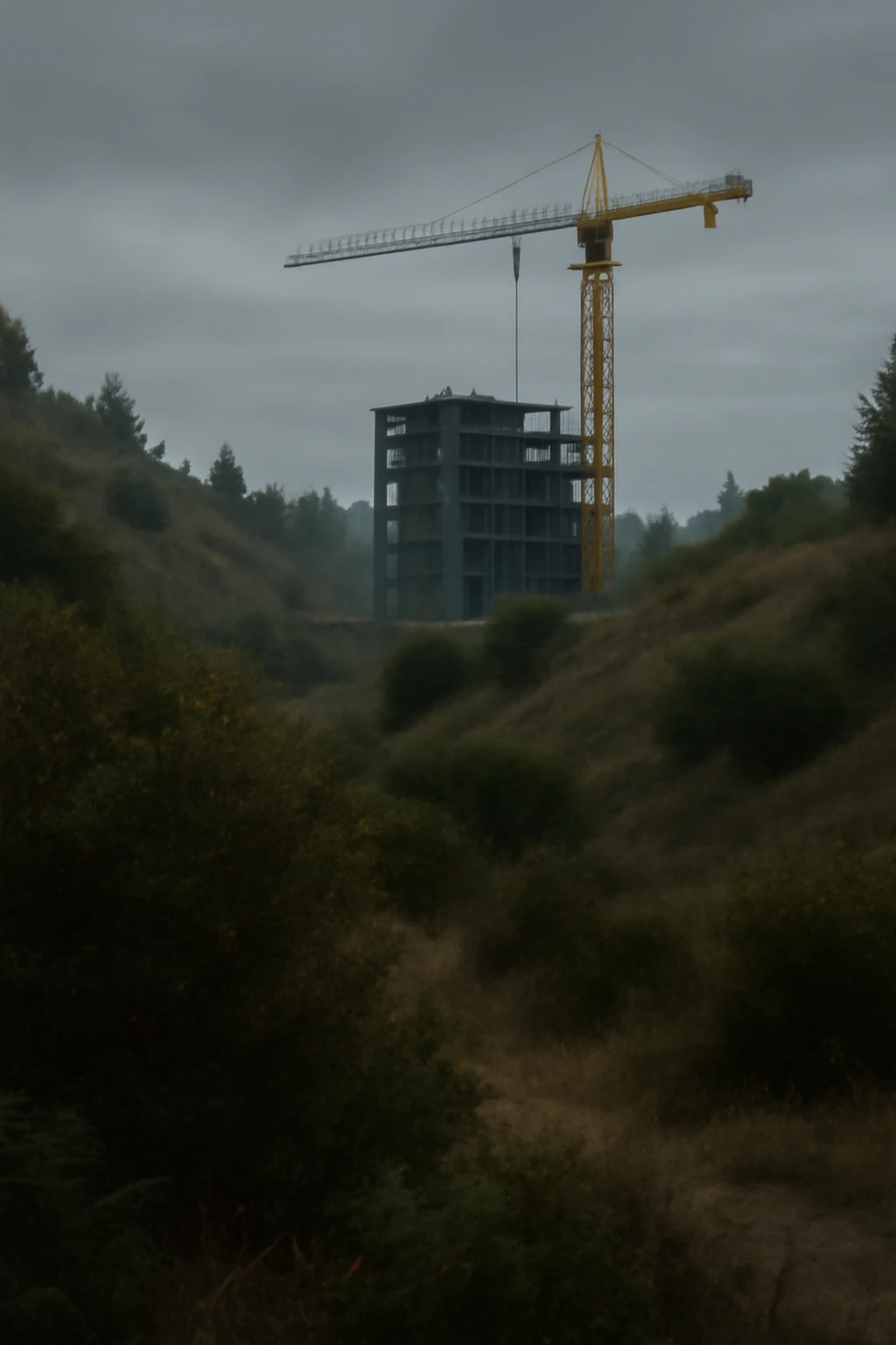  a scene amongst hills and bushes in the game DAYZ with a construction site and tall yellow crane in the background, screenshot, overcast day emoji
