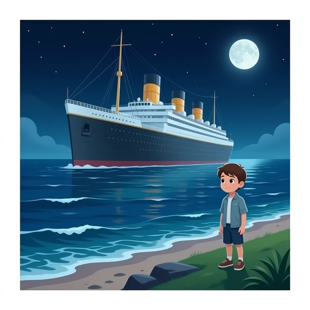 The ghostly ship The Queen Mary floats above the sea while a boy on the shore watches the scene - cut scene emoji